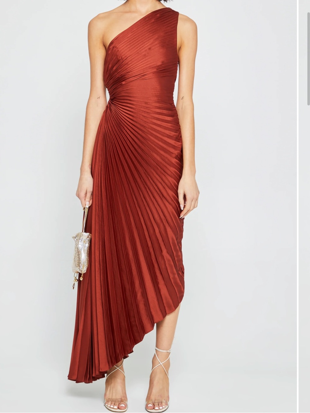 NWT o.p.t Perko Satin Pleated Asymmetrical Rust Few Moda Dress XS